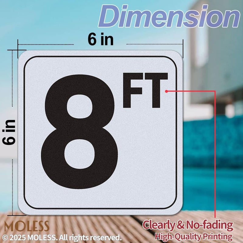 MOLESS 8FT Pool Depth Marker Stickers – 6x6″ Anti-Slip Vinyl Tile Stickers for Swimming Pool Safety Signs, Adhesive Pool Depth Markers for Decks, 8 FT (1 Pack) - Image 2